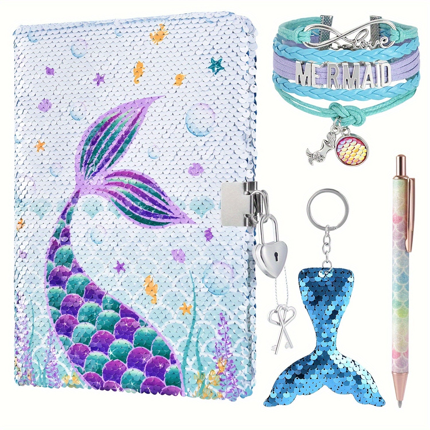 Mermaid Sequin Notebook Set with Lock & Pen