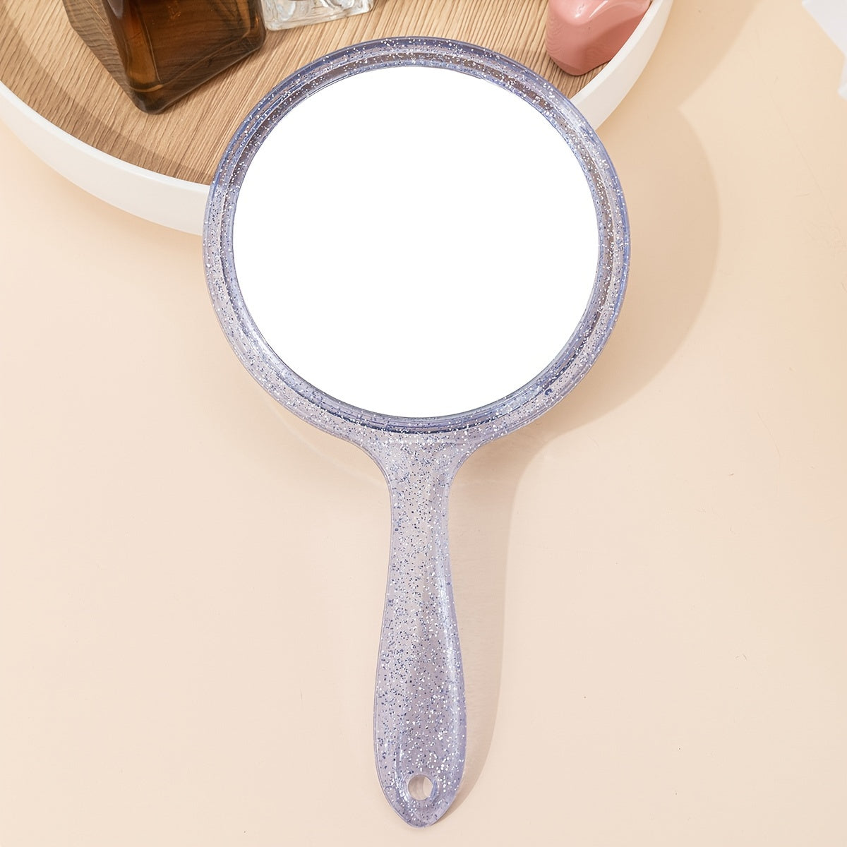 Round Handheld Makeup Vanity Mirror Bright Purple Handle