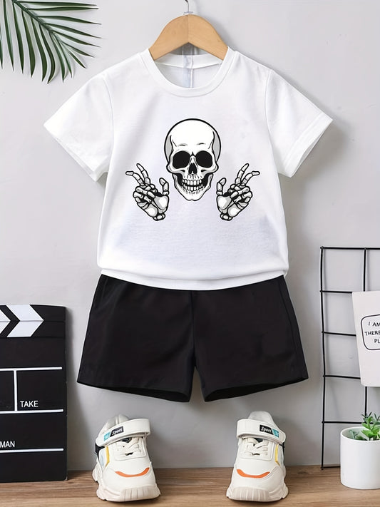 Boy's Happy Skull Print 2pcs Set: T-shirt & Shorts