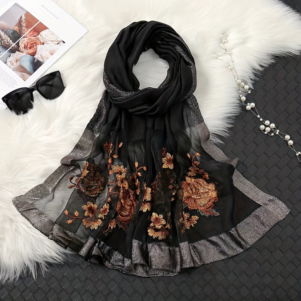 Vintage Flower Embroidery Scarf Silk Blend Shawl Head Wrap