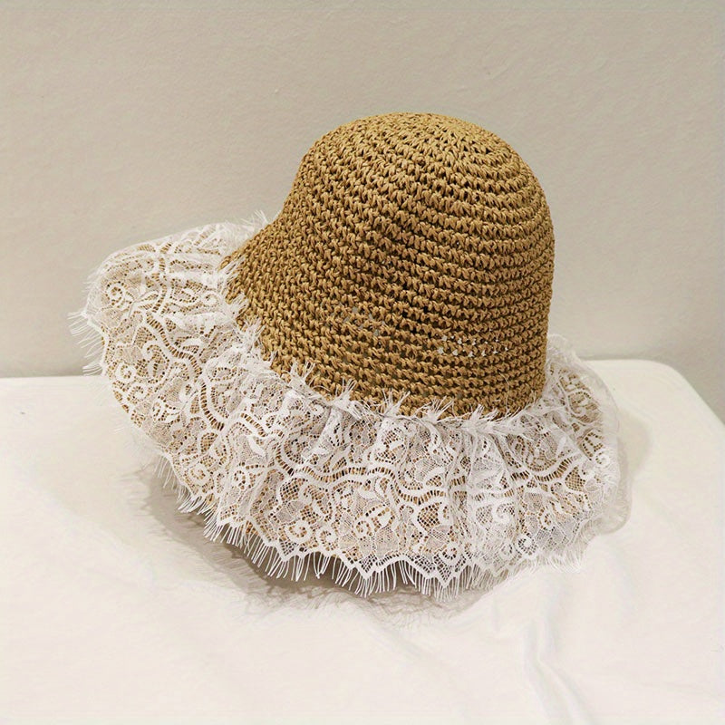 Foldable Lace Sun Hat Wide Brim Hollow Crochet Straw Hat