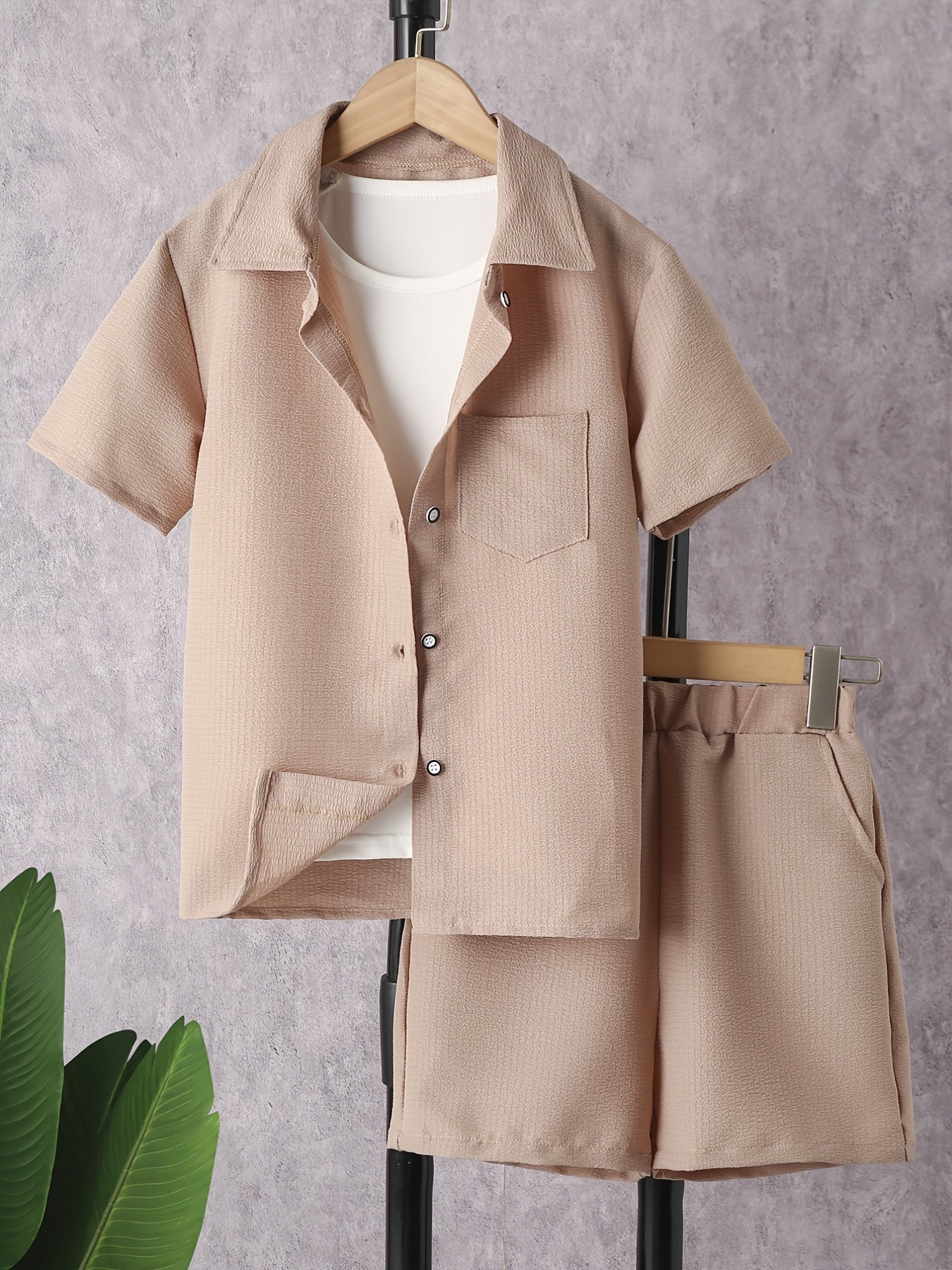 Boy's Solid 2pcs Shirt & Shorts Set Casual Outfits for Summer