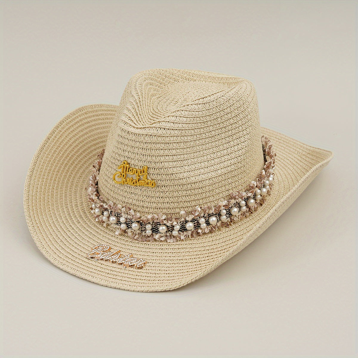 Rhinestone Bride Cowboy Hat Faux Pearl Lace Hatband Decor Straw Jazz Hat