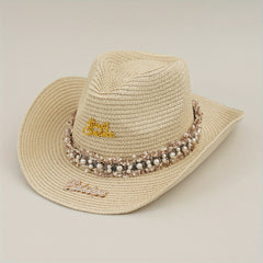 Rhinestone Bride Cowboy Hat Faux Pearl Lace Hatband Decor Straw Jazz Hat
