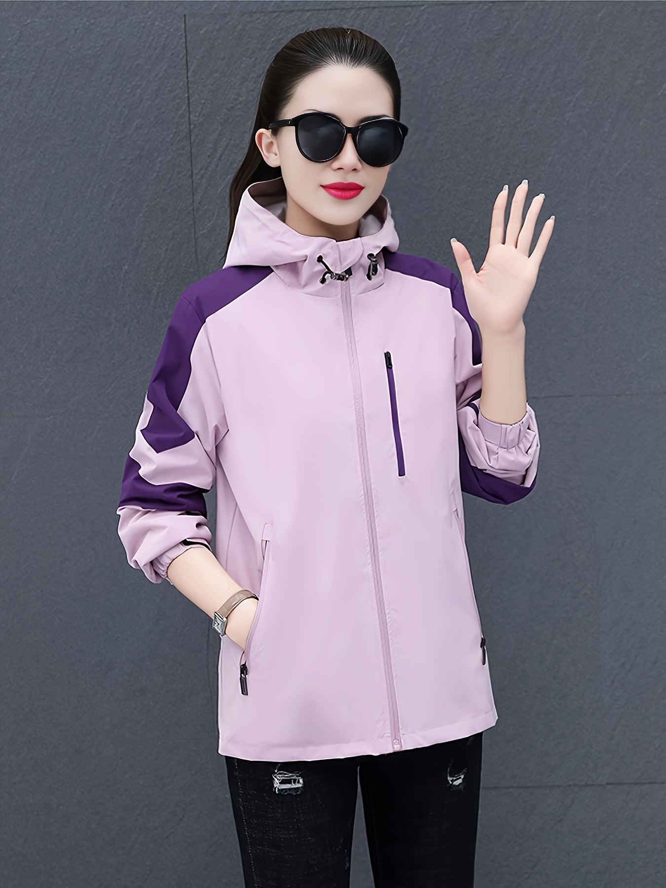 Women's Outdoor Block Sports Jacket Zipper Pockets Waterproof & Breathable