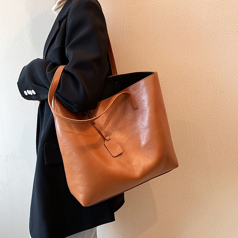 Large Capacity Shoulder Tote Bag Solid Faux Leather