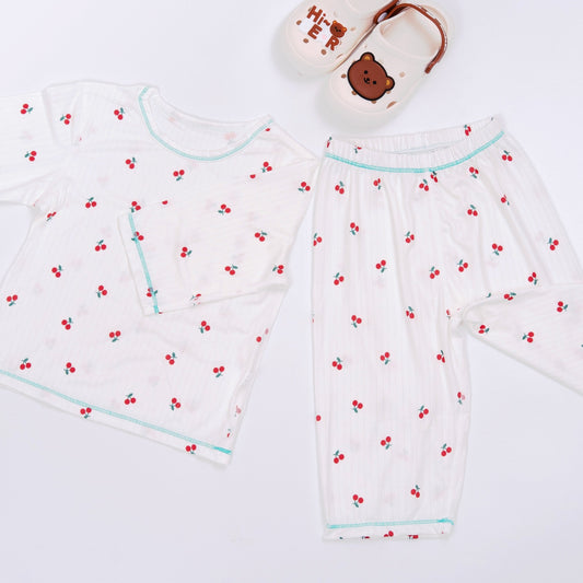 Girls 2pcs Cherry Print Pajamas Set Comfortable Casual Kids Clothes