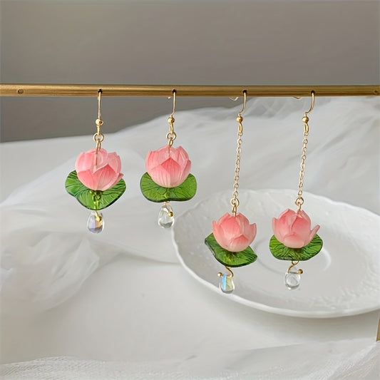 Pink Lotus Lily Pad Dangle Earrings for Girls