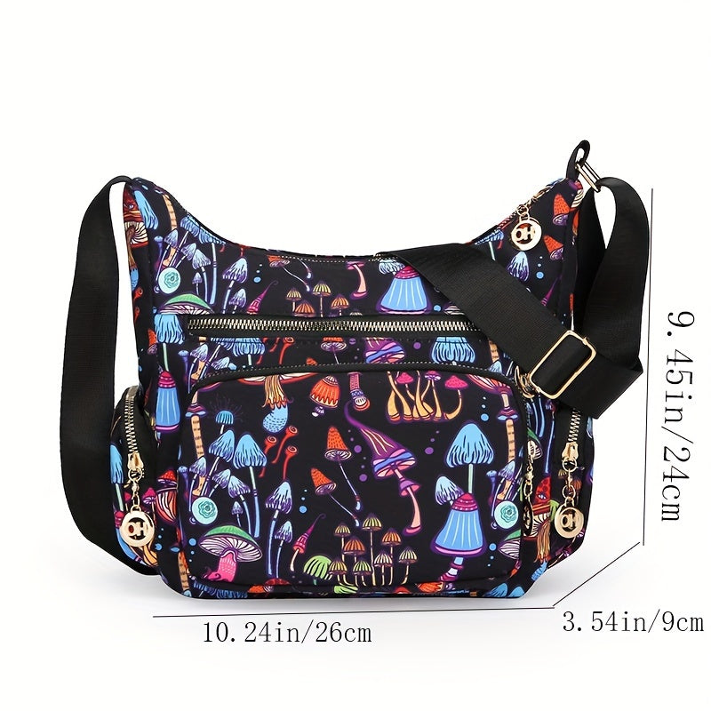 Fashionable Crossbody Handbag Floral & Mushroom Prints Adjustable Strap