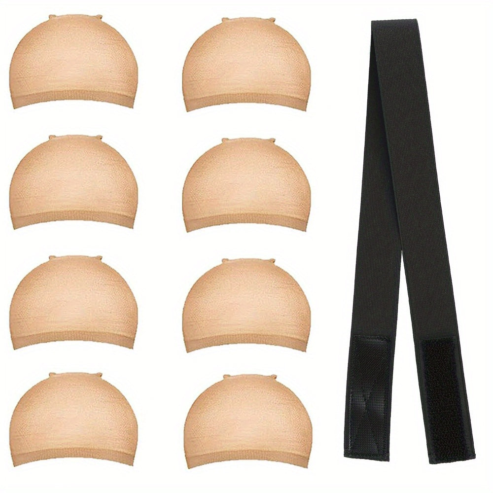 8PCS Stretchable Nylon Wig Caps & Elastic Bands Set for Women Nude Color