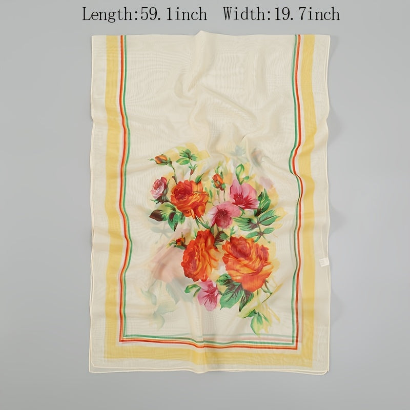 Flower Print Chiffon Scarf 150x04cm Elegant Sunscreen Silk Shawl