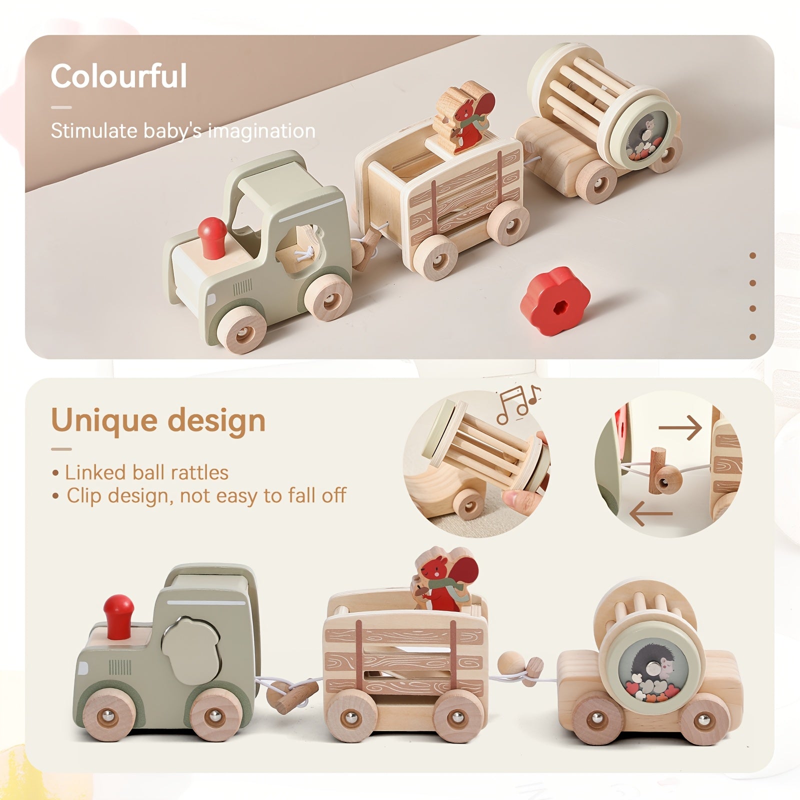 Wooden Train Shape Puzzle Kids Early Educational Matching Toy Squirrel Pulli
