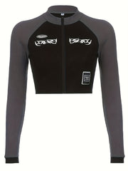 Zipper Front Long Sleeve Crop Top Ribbed Sports Shirt