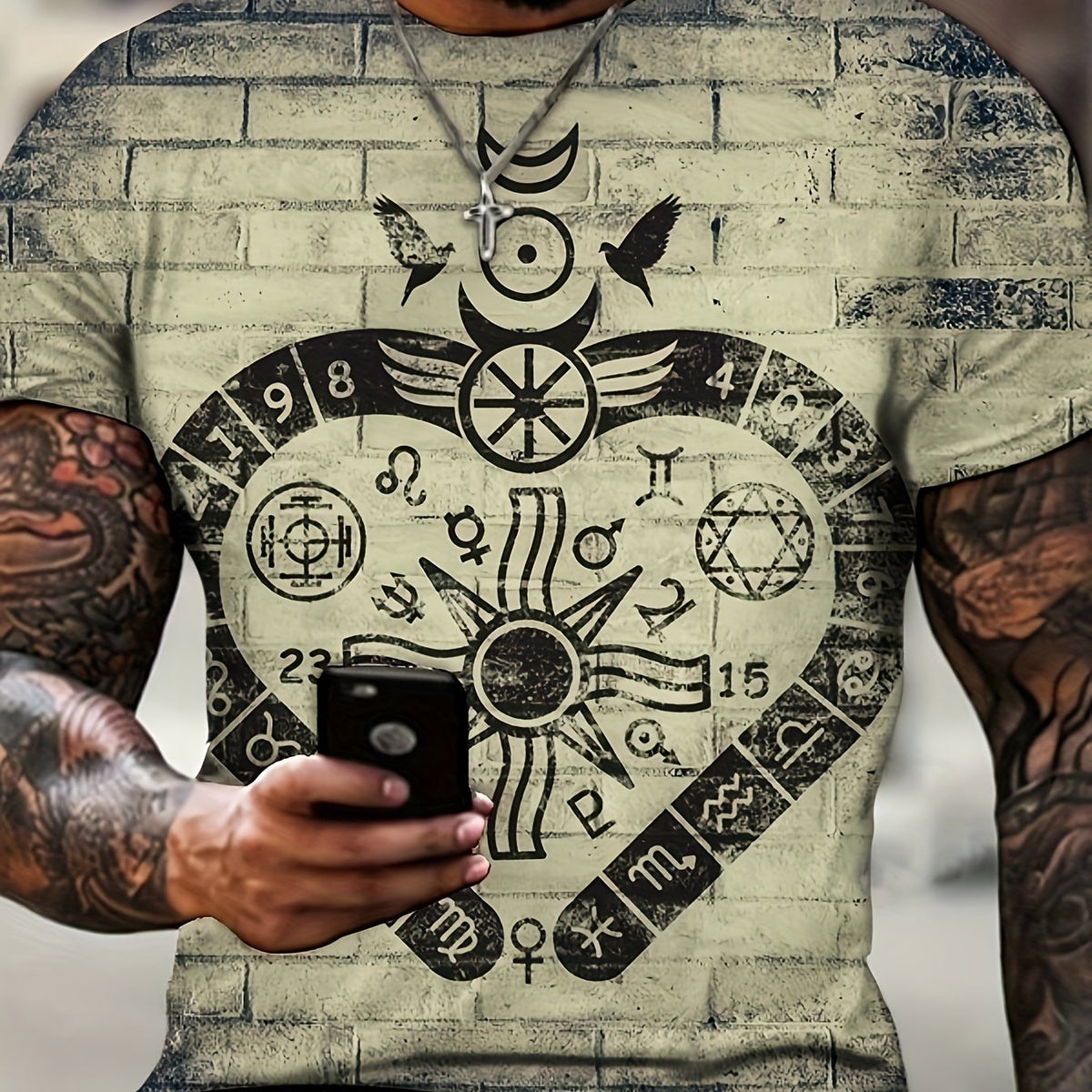 Ethnic Style Heart Brick Print Men's Short Sleeve T-shirt