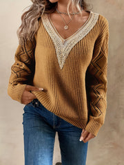 V Neck Guipure Lace Knit Sweater Long Sleeve Casual Top