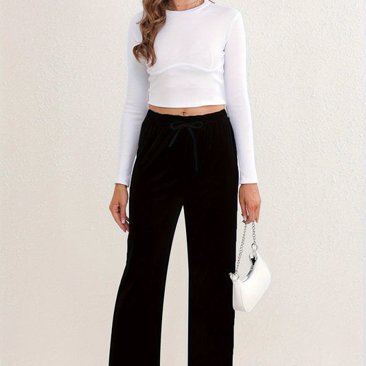 Elastic High Waist Sports Pants Wide Legs Stretchy Trousers