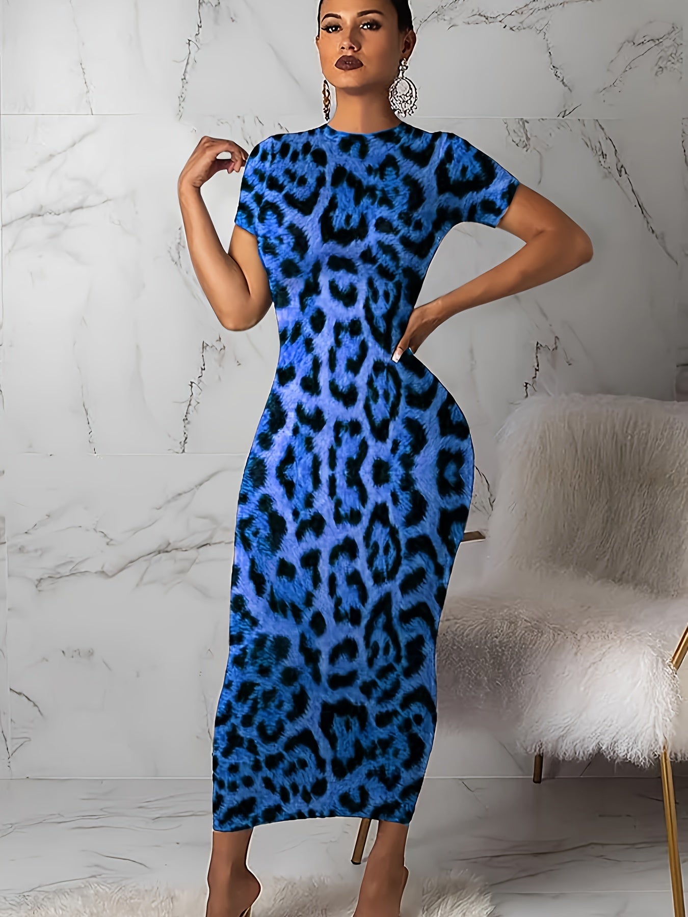  Leopard Print Short Sleeve Round Neck Skinny Dress