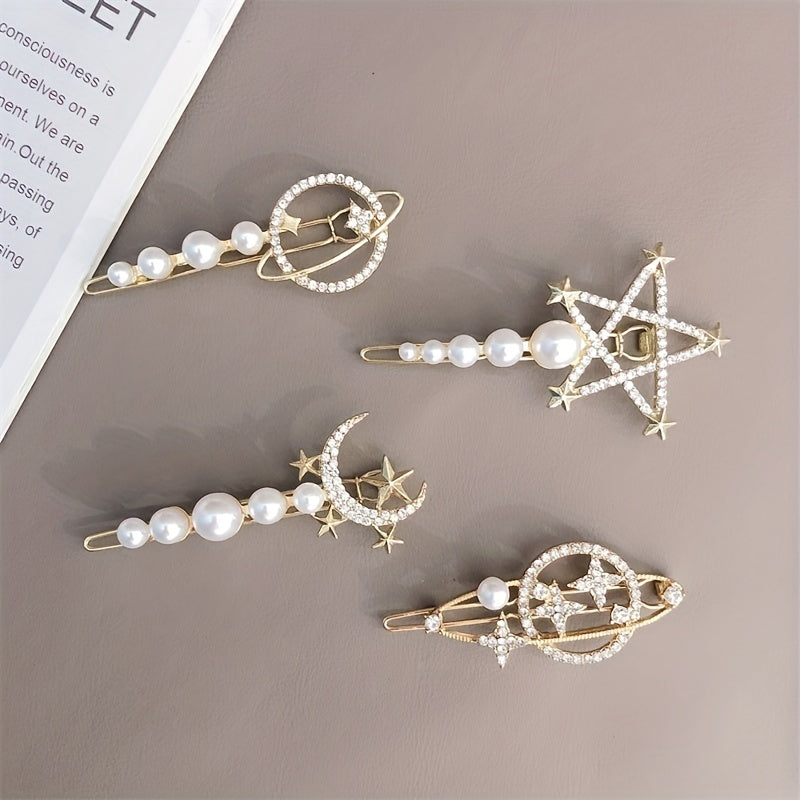 Y2K Pearl Rhinestone Hair Pin Moon Star Hair Clips