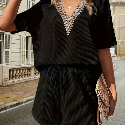 Lace V Neck Top & Drawstring Shorts Set