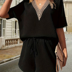Lace V Neck Top & Drawstring Shorts Set