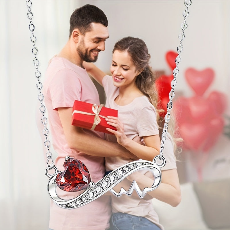 Infinity Love Heart Pendant Necklace with Red Zirconia 925 Sterling Silver