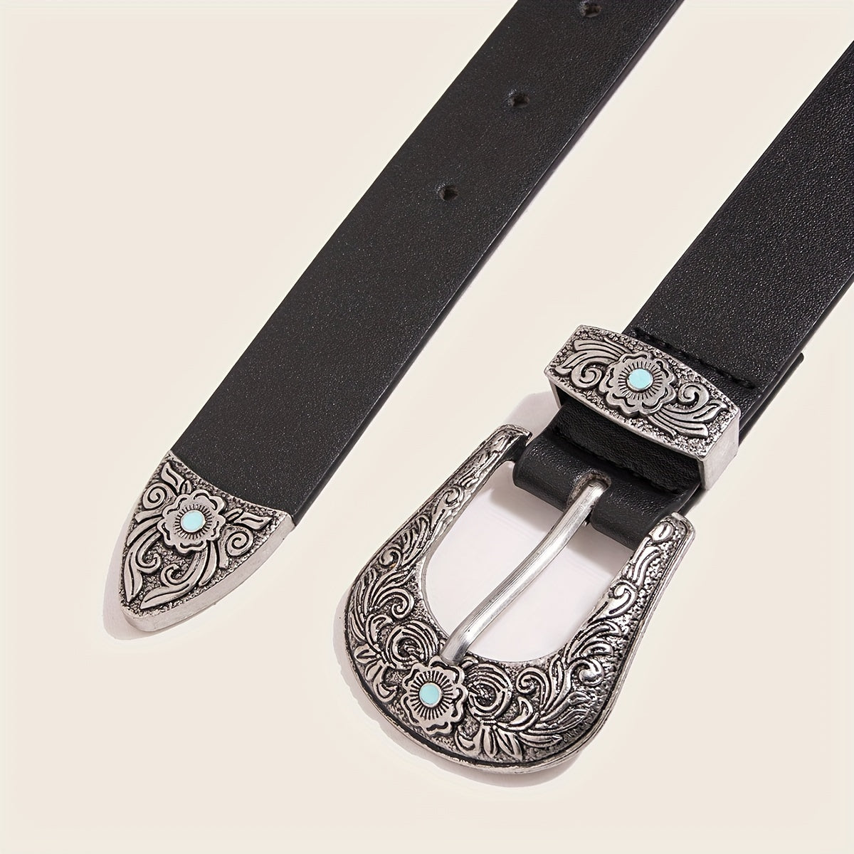 Western Turquoise Engraved Buckle Belt Vintage PU Leather Jeans Pants Belt