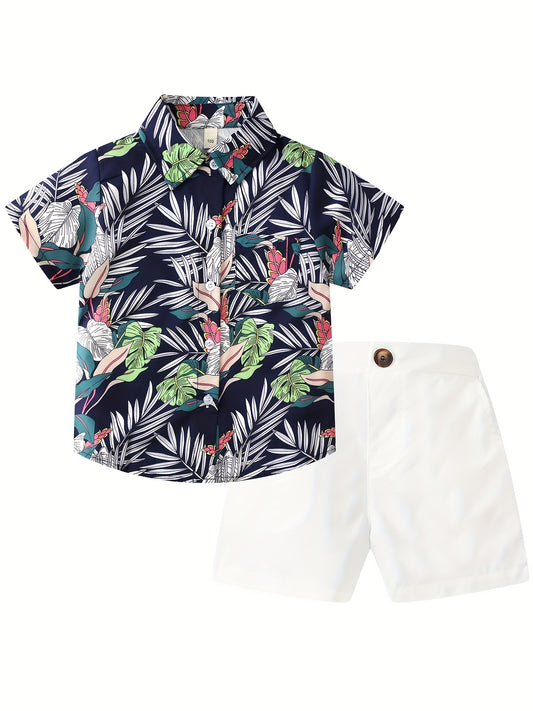 2pcs Boys Flamingo Graphic Print Shirt&Shorts Set