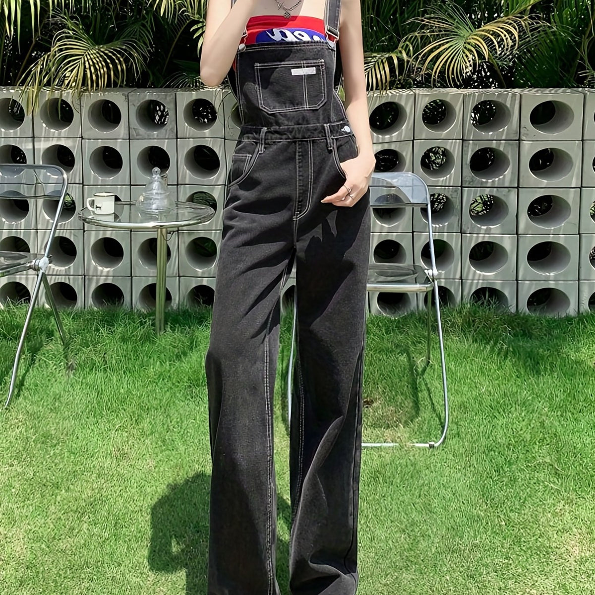 Loose Fit Denim Jumpsuit Adjustable Straps Non Stretch Overalls