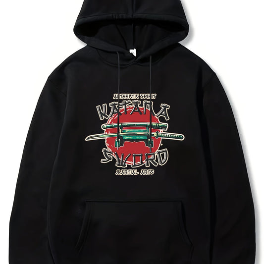 Japanese Sword Print Men's Hooded Sweatshirt for Autumn Winter