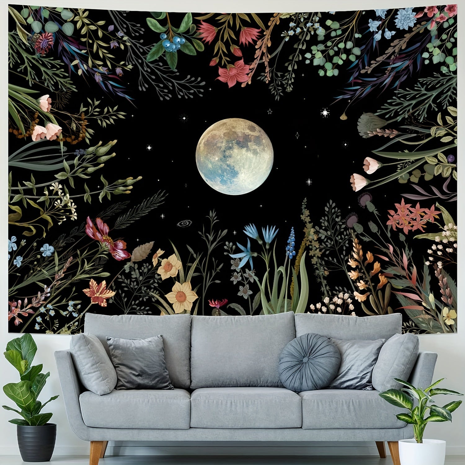 Moonlit Garden Tapestry Flower Colorful Plants Wall Blanket