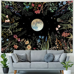 Moonlit Garden Tapestry Flower Colorful Plants Wall Blanket