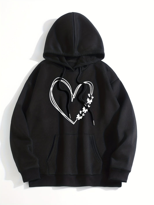 Heart Print Kangaroo Pocket Hoodie Long Sleeve Sweatshirt