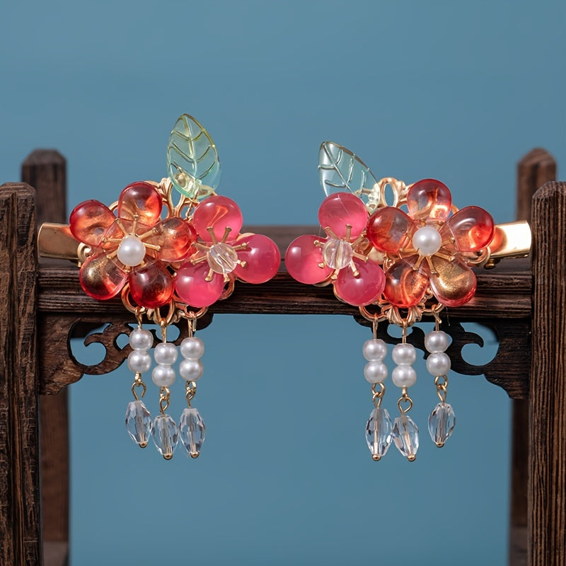 Peach Tassel Flower Leaves Hairpin Headdress Vintage Hair Accessories
