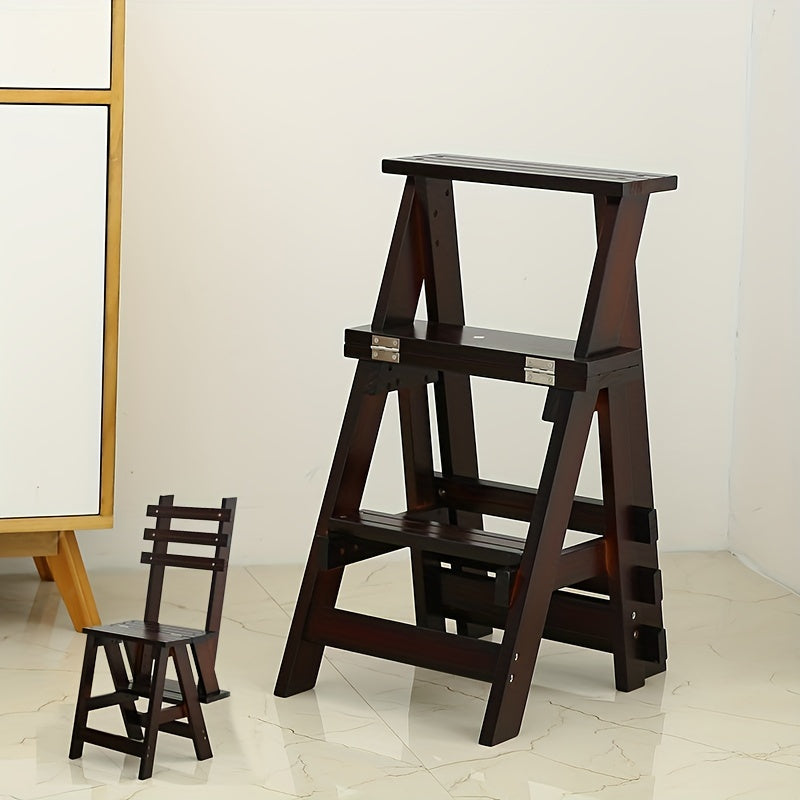 3-Layer Folding Ladder Stool Changing Chair Dual Purpose Wooden Ladder