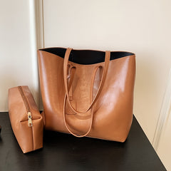 Large Capacity Shoulder Tote Bag Solid Faux Leather