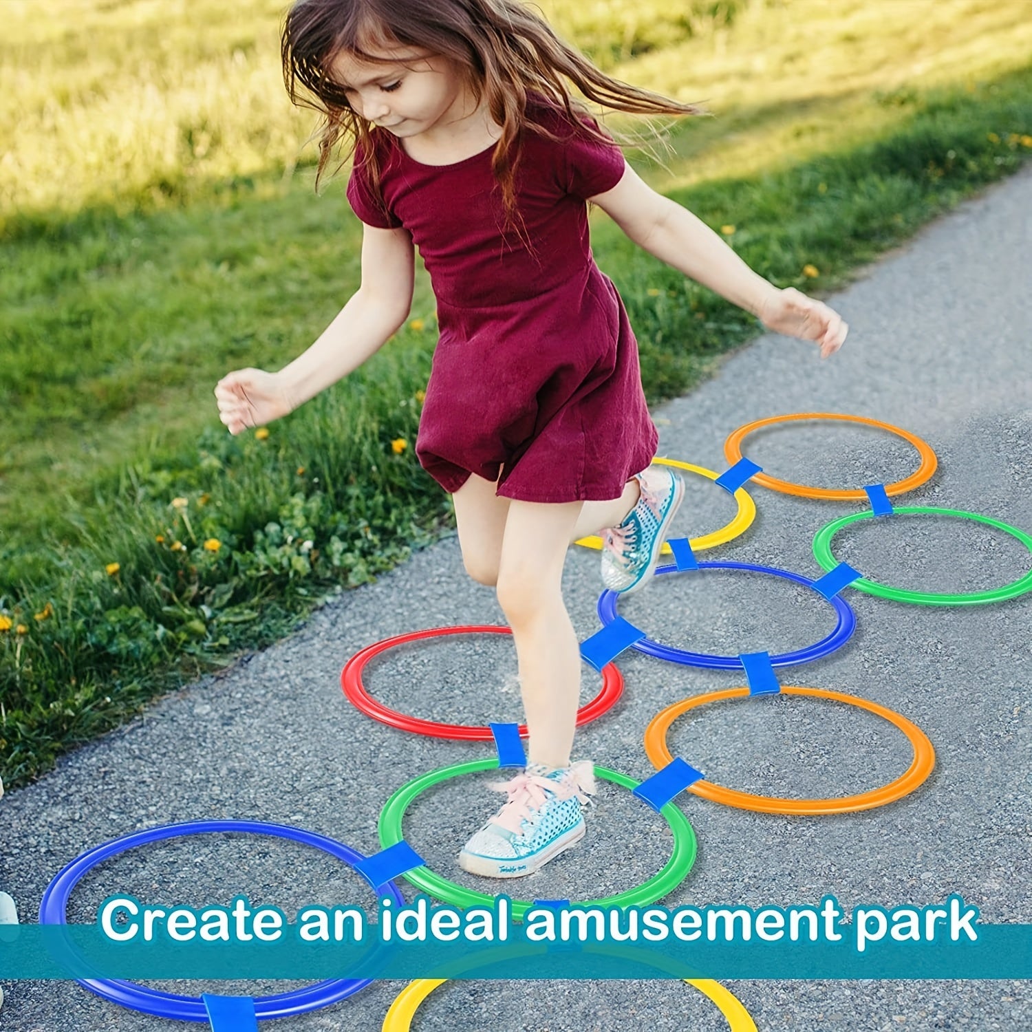 10 Colored Plastic Rings & Connectors Fun Hopscotch Ring Game Set