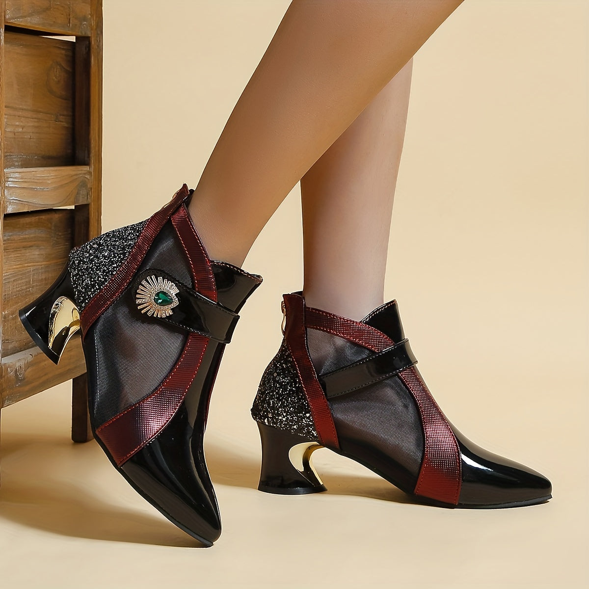 Rhinestone Mesh Ankle Boots French Heel Pointed Toe Sandals