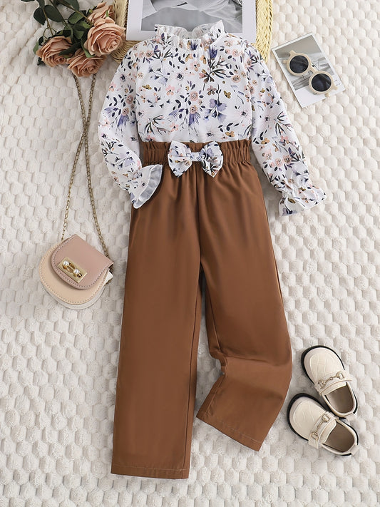 Girl's Floral Shirt & Bowknot Pants Set for Spring