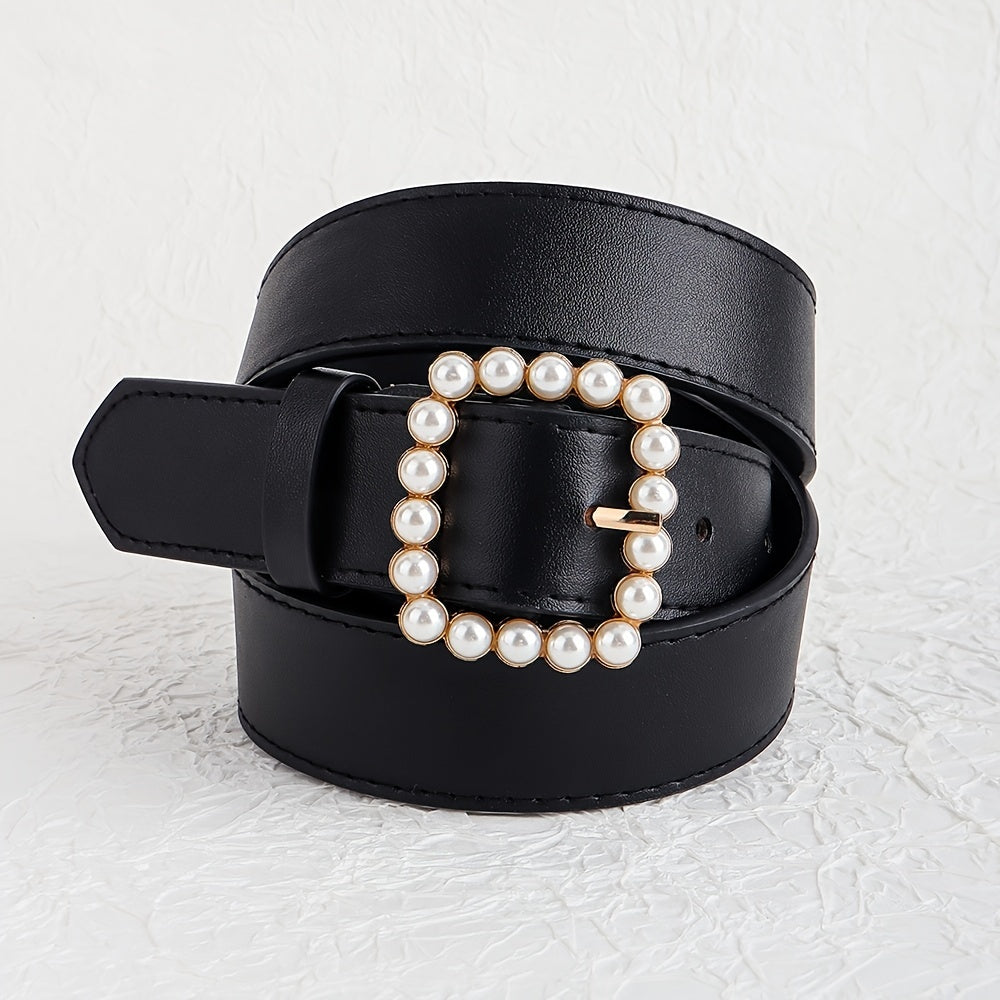 Faux Pearls Buckle Belt Women's Pants Belt Wide Pin Buckle Waistband