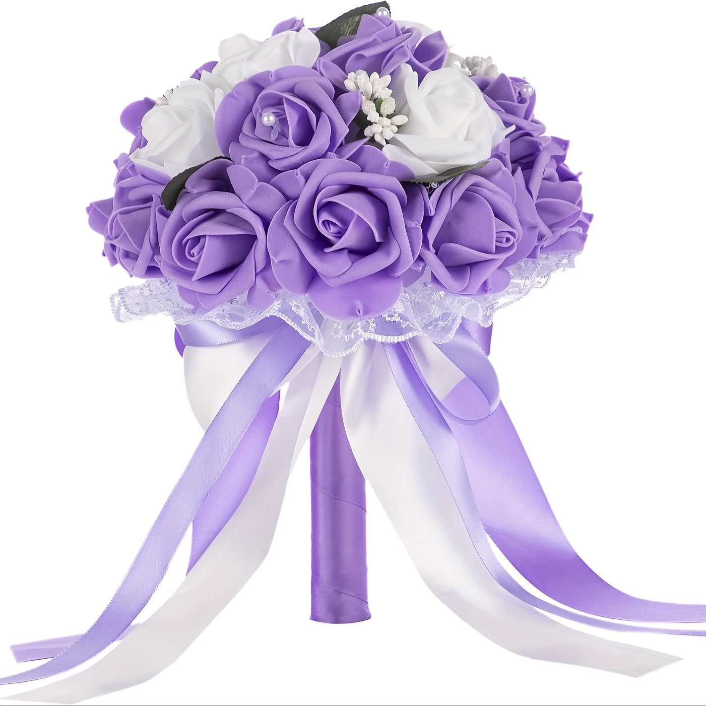 Purple Artificial Rose Wedding Bouquet with Pearl Accents