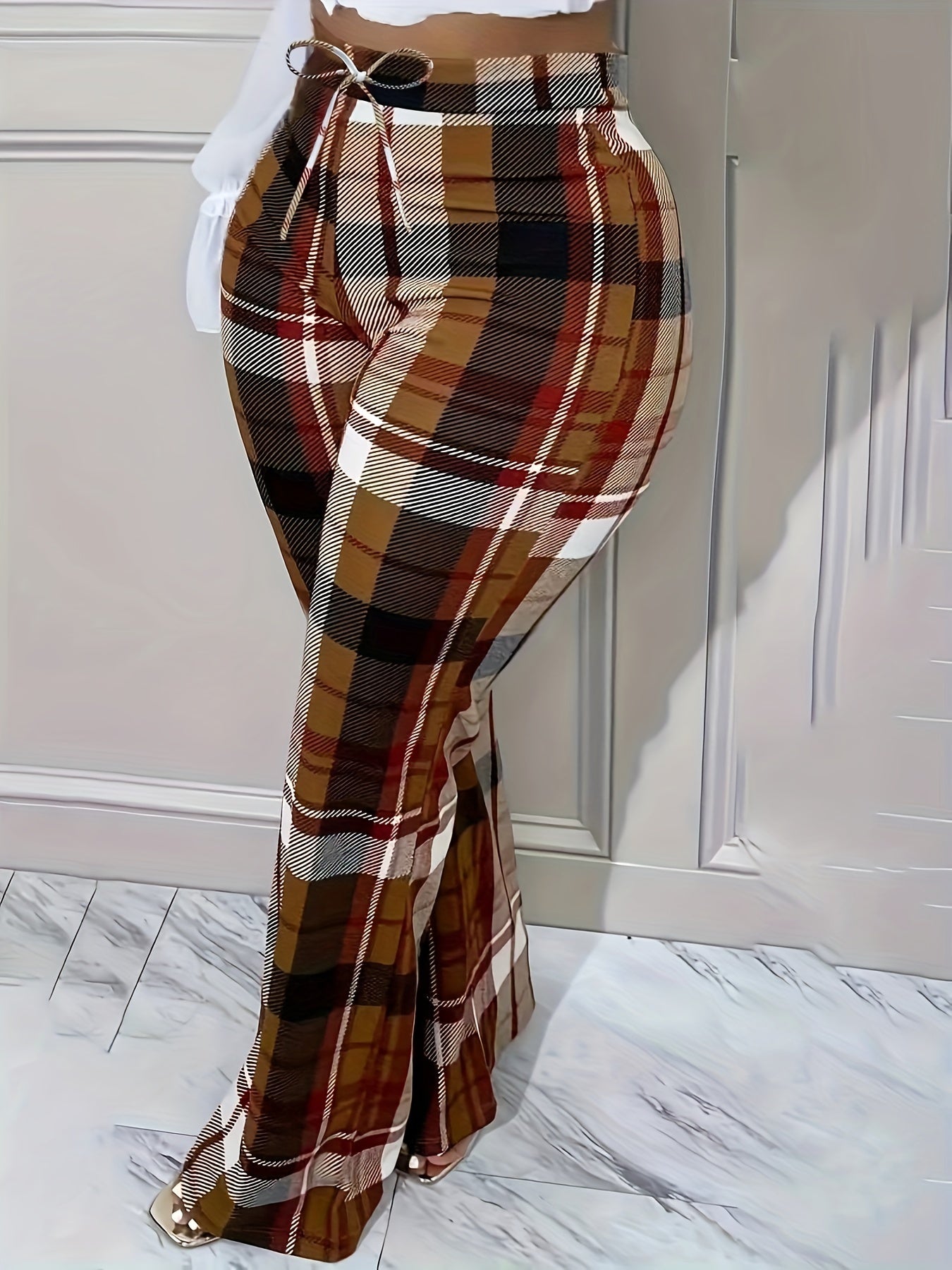  Plaid Print Drawstring Elastic High Rise Straight Leg Trousers