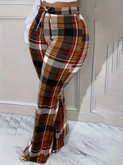 Plaid Print Drawstring Elastic High Rise Straight Leg Trousers
