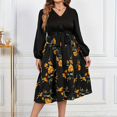 Floral Print Long Sleeve V Neck Midi Dress With Belt