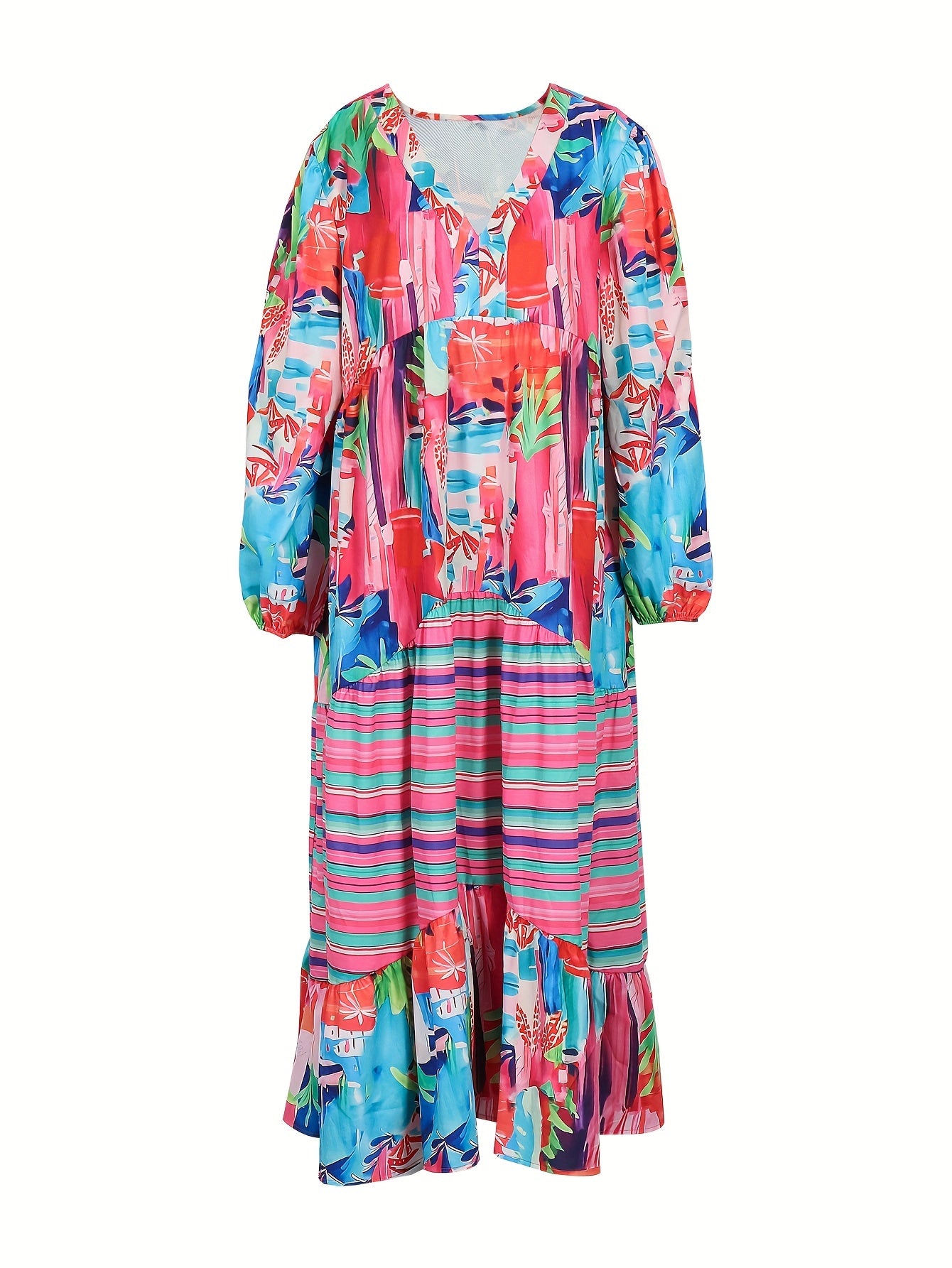  Allover Print Lantern Sleeve V Neck Maxi Dress