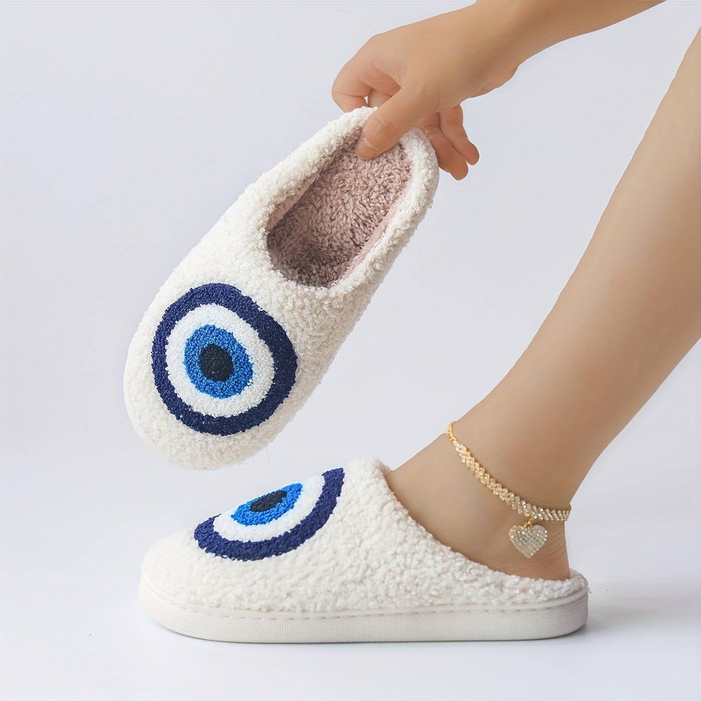 Plush Evil Eye Slippers Warm Fuzzy Indoor Shoes Cozy Bedroom Slippers