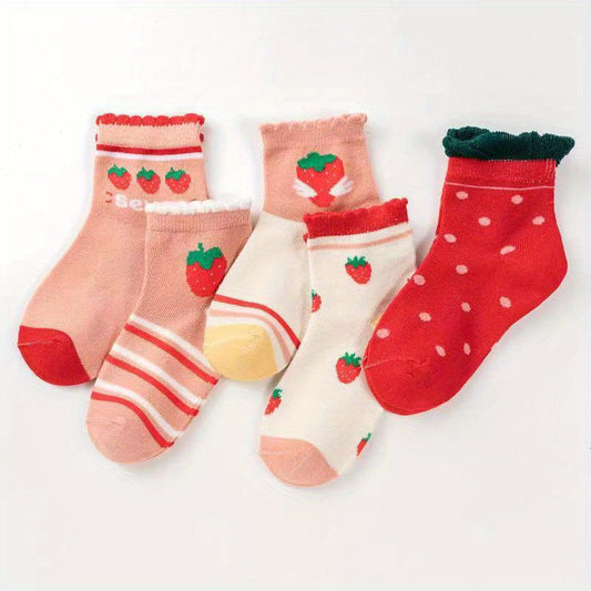 5pairs Girls Sweat Cartoon Strawberry Dot Stripe Pattern Lace Crew Socks