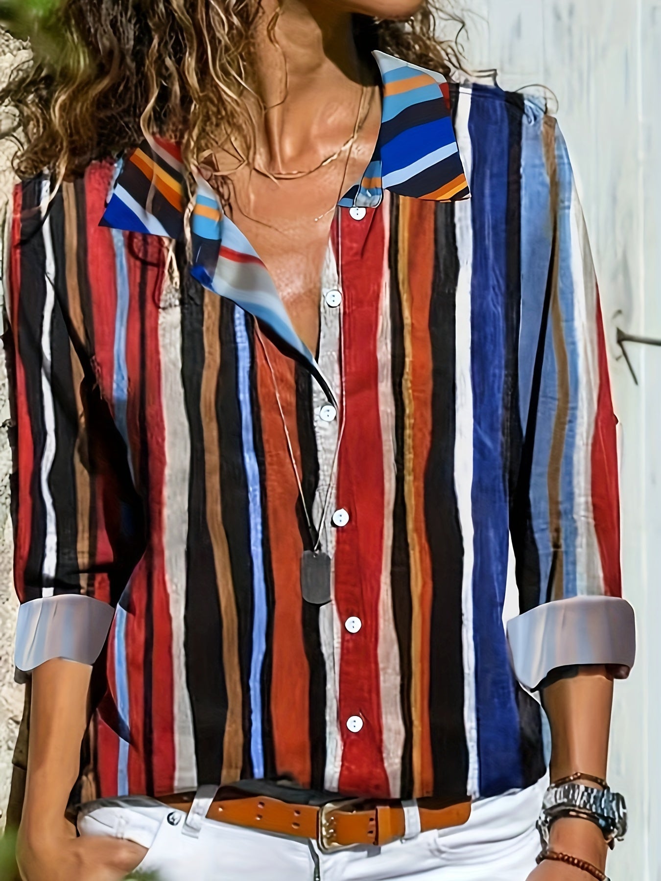  Colorblock Stripe Print Button Up Blouse