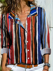  Colorblock Stripe Print Button Up Blouse