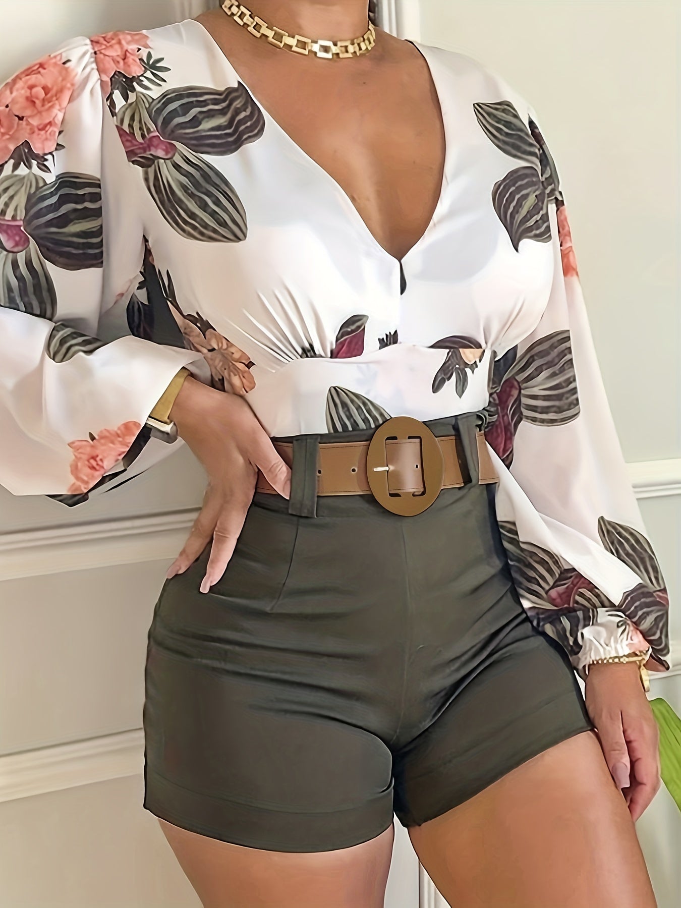 Floral Print Two Piece Set Lantern Sleeve Blouse & Shorts