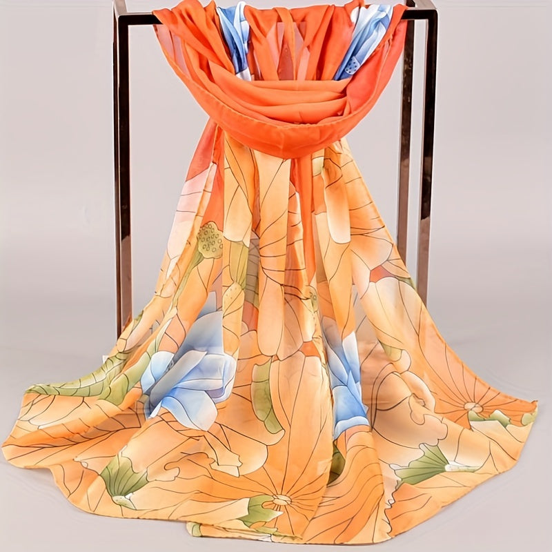 Lotus Print Chiffon Scarf Thin Windproof Shawl Sunscreen Head Wrap Beach Towel